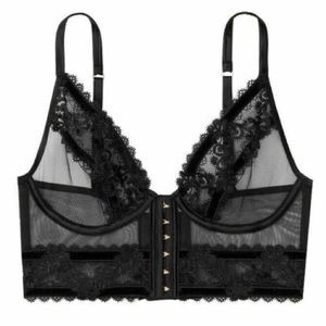 Victoria’s Secret Unlined Sheer Mesh Lace Velvet Black Gold Hooks Bra Bralette L